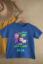 Load image into Gallery viewer, Custom Name My First Eid With Ammi And Abbu Half Sleeves T-Shirt For Girls -KidsFashionVilla

