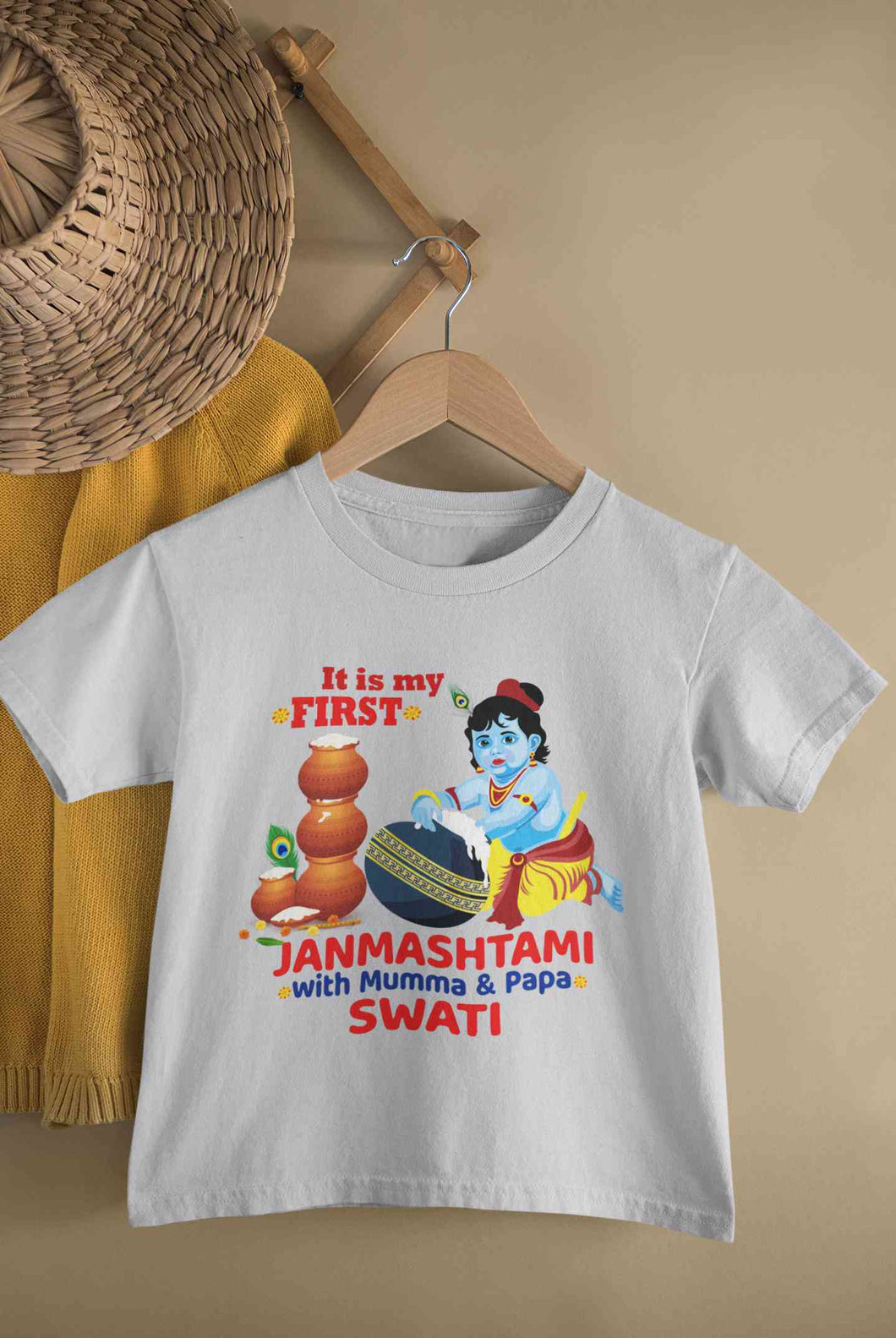 Custom Name First Janmashtami With Mumma Papa Half Sleeves T-Shirt For Girls -KidsFashionVilla