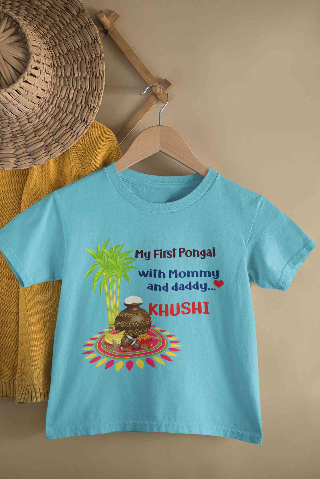 Custom Name My First Pongal With Mommy And Daddy Half Sleeves T-Shirt For Girls -KidsFashionVilla