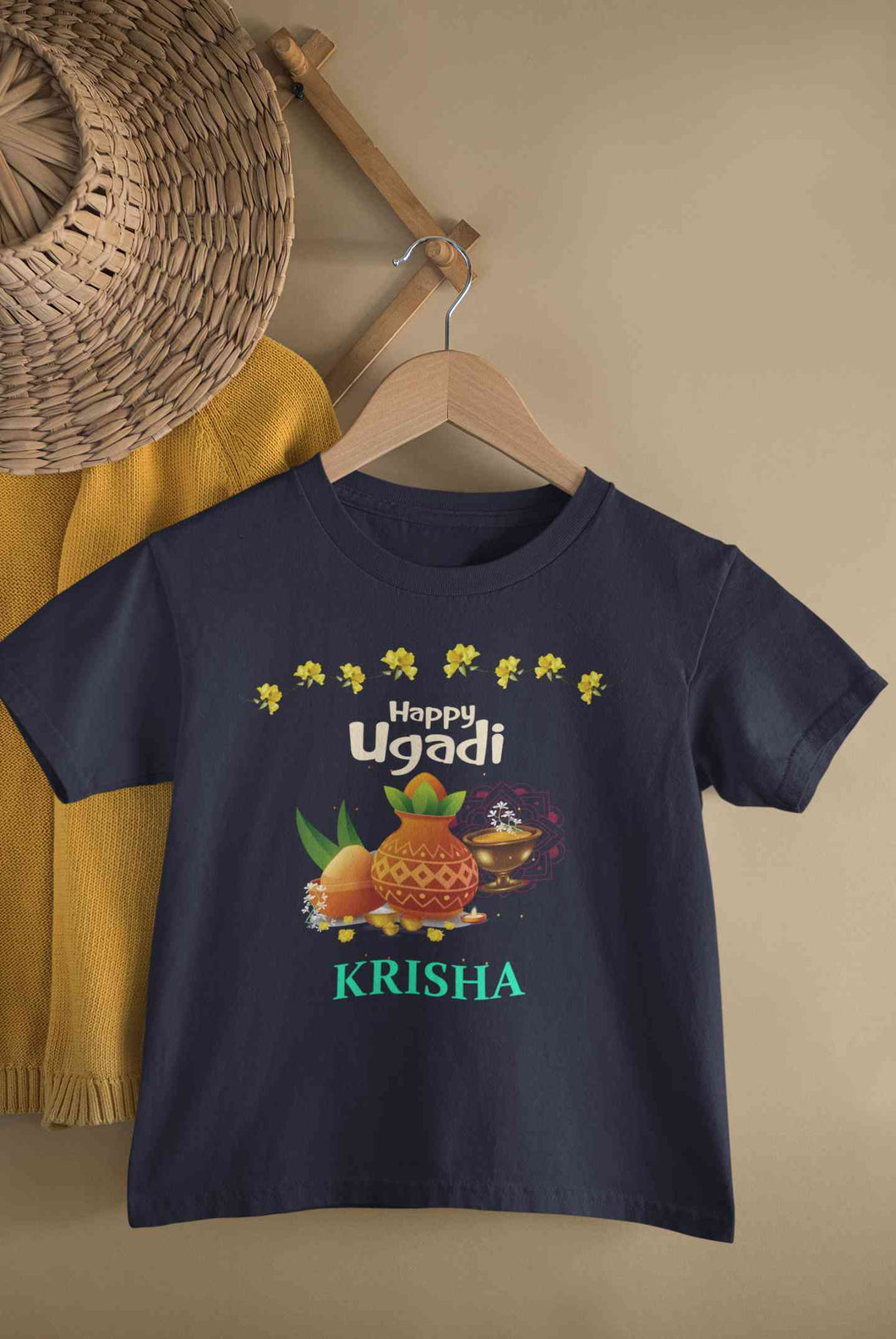 Custom Name Happy Ugadi Half Sleeves T-Shirt For Girls -KidsFashionVilla