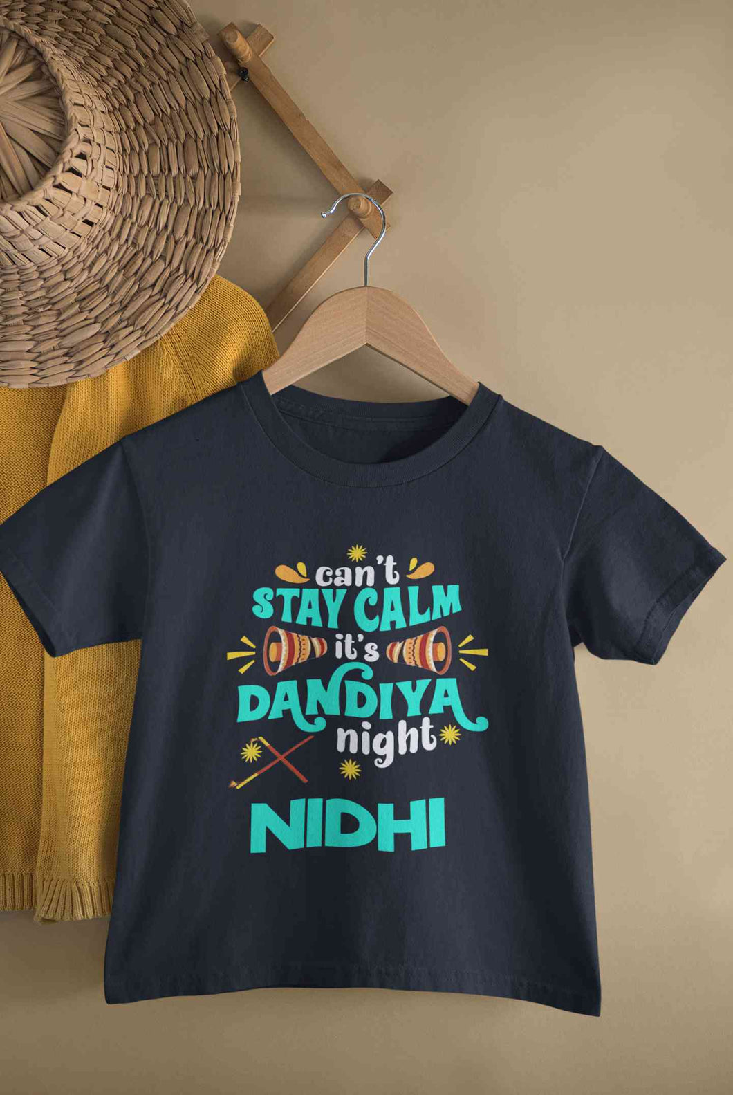 Custom Name Cant Stay Calm It Is Dandiya Night Navratri Half Sleeves T-Shirt For Girls -KidsFashionVilla