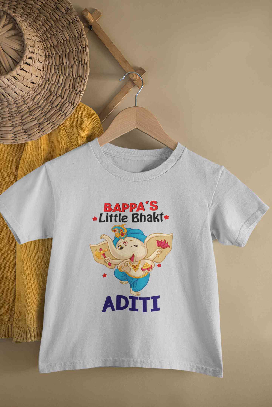 Custom Name Little Bappa Bhakt Ganesh Chaturthi Half Sleeves T-Shirt For Girls -KidsFashionVilla