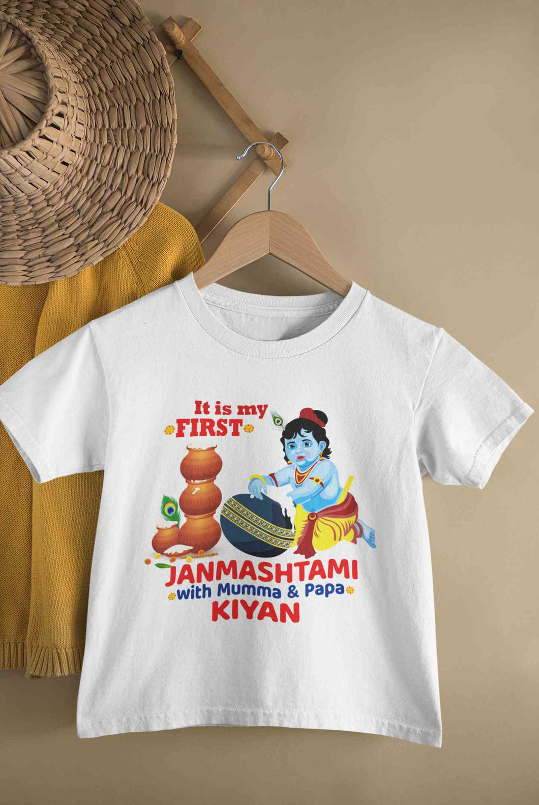 Custom Name First Janmashtami With Mumma Papa Half Sleeves T-Shirt for Boy-KidsFashionVilla