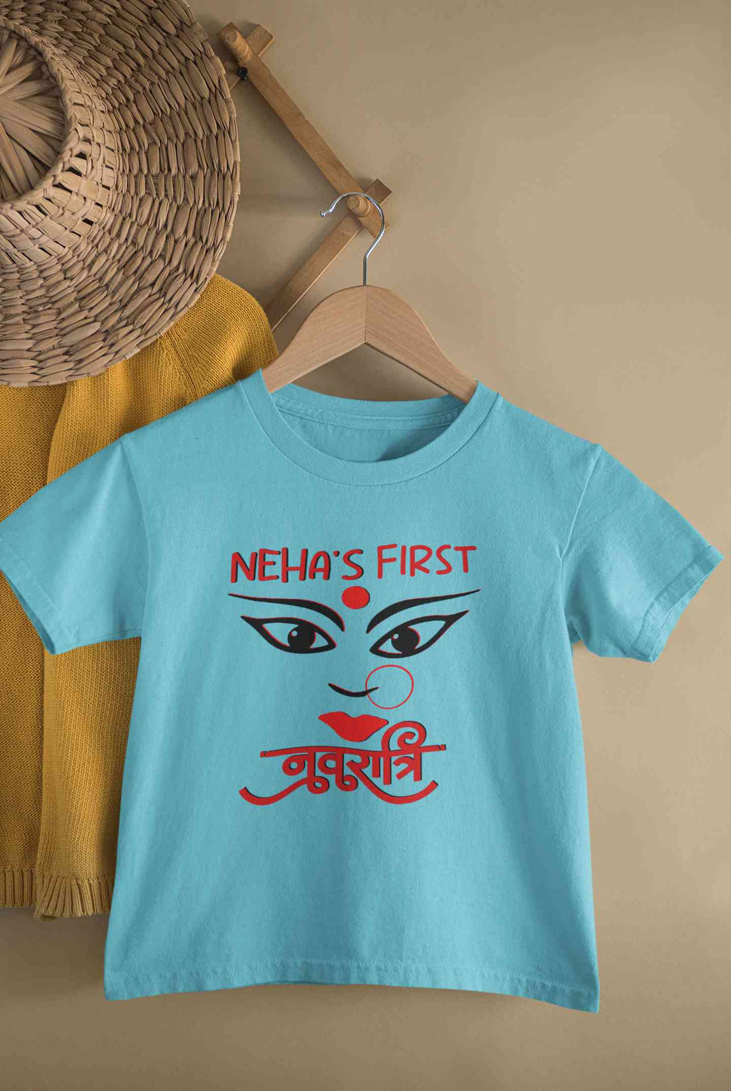 Custom Name First Navratri Durga Pooja Half Sleeves T-Shirt For Girls -KidsFashionVilla