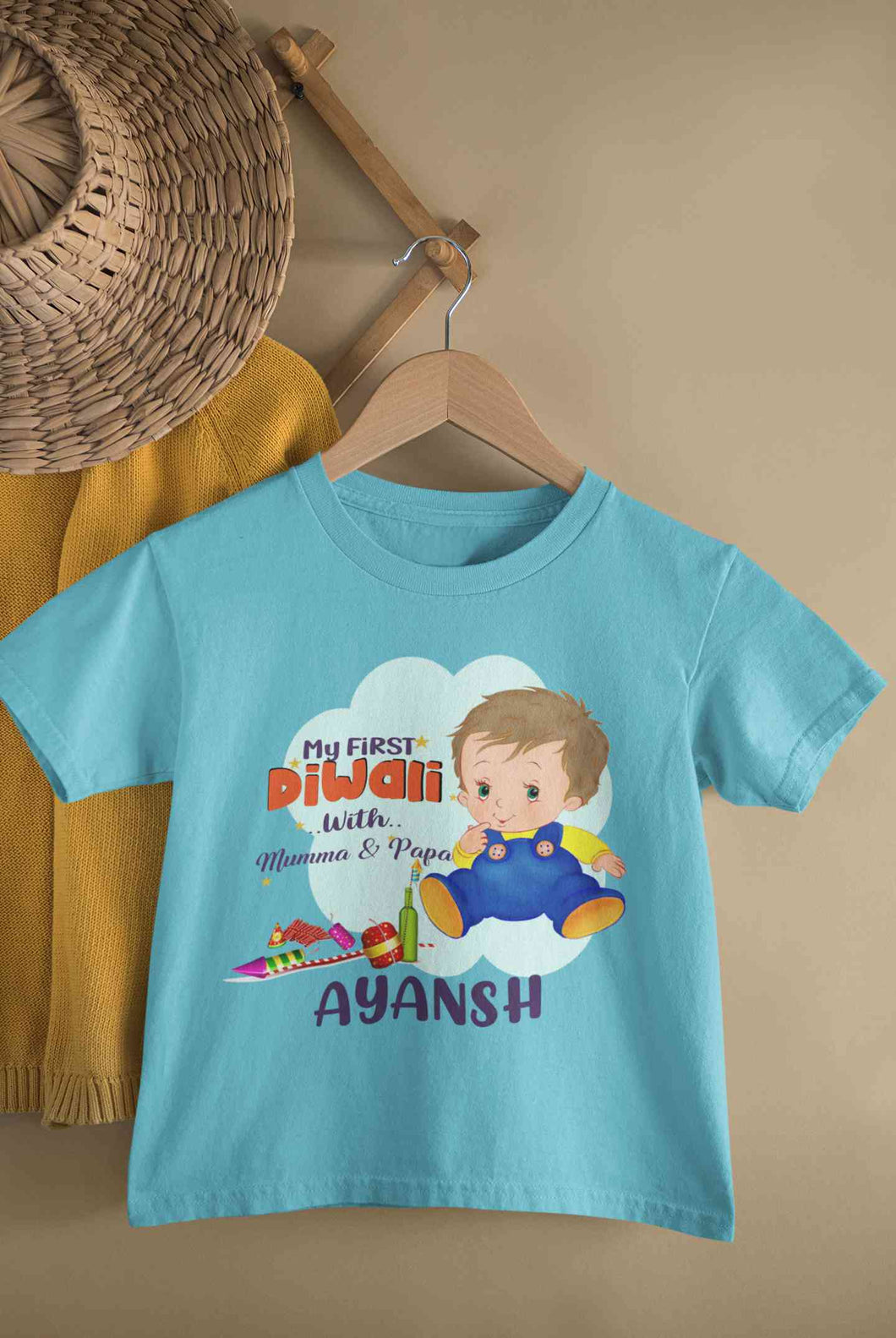 Custom Name My First Diwali With Mumma Papa Half Sleeves T-Shirt for Boy-KidsFashionVilla