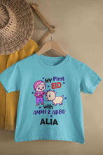 Load image into Gallery viewer, Custom Name My First Eid With Ammi And Abbu Half Sleeves T-Shirt For Girls -KidsFashionVilla
