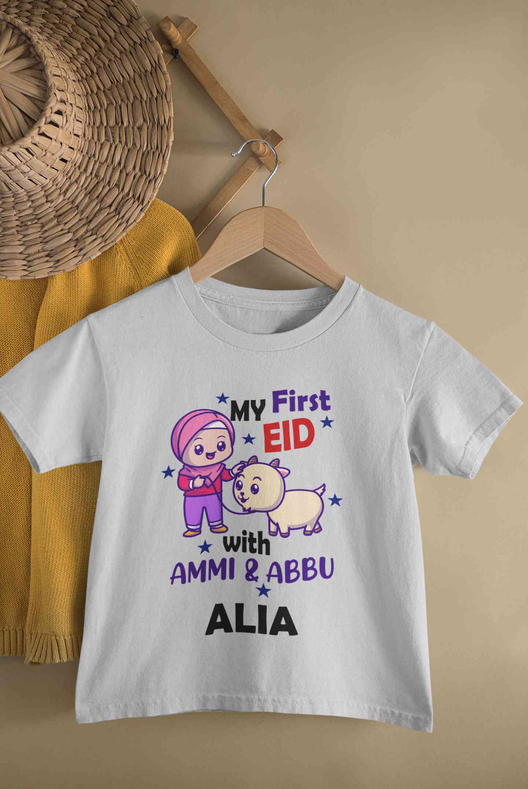 Custom Name My First Eid With Ammi And Abbu Half Sleeves T-Shirt For Girls -KidsFashionVilla