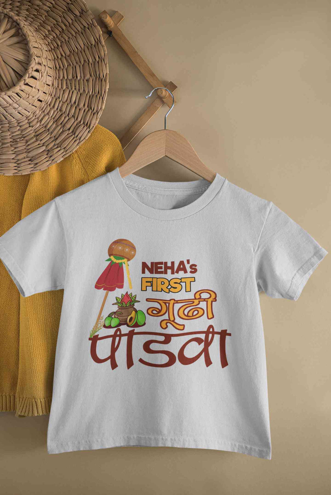 Custom Name My First Gudipadwa Half Sleeves T-Shirt For Girls -KidsFashionVilla