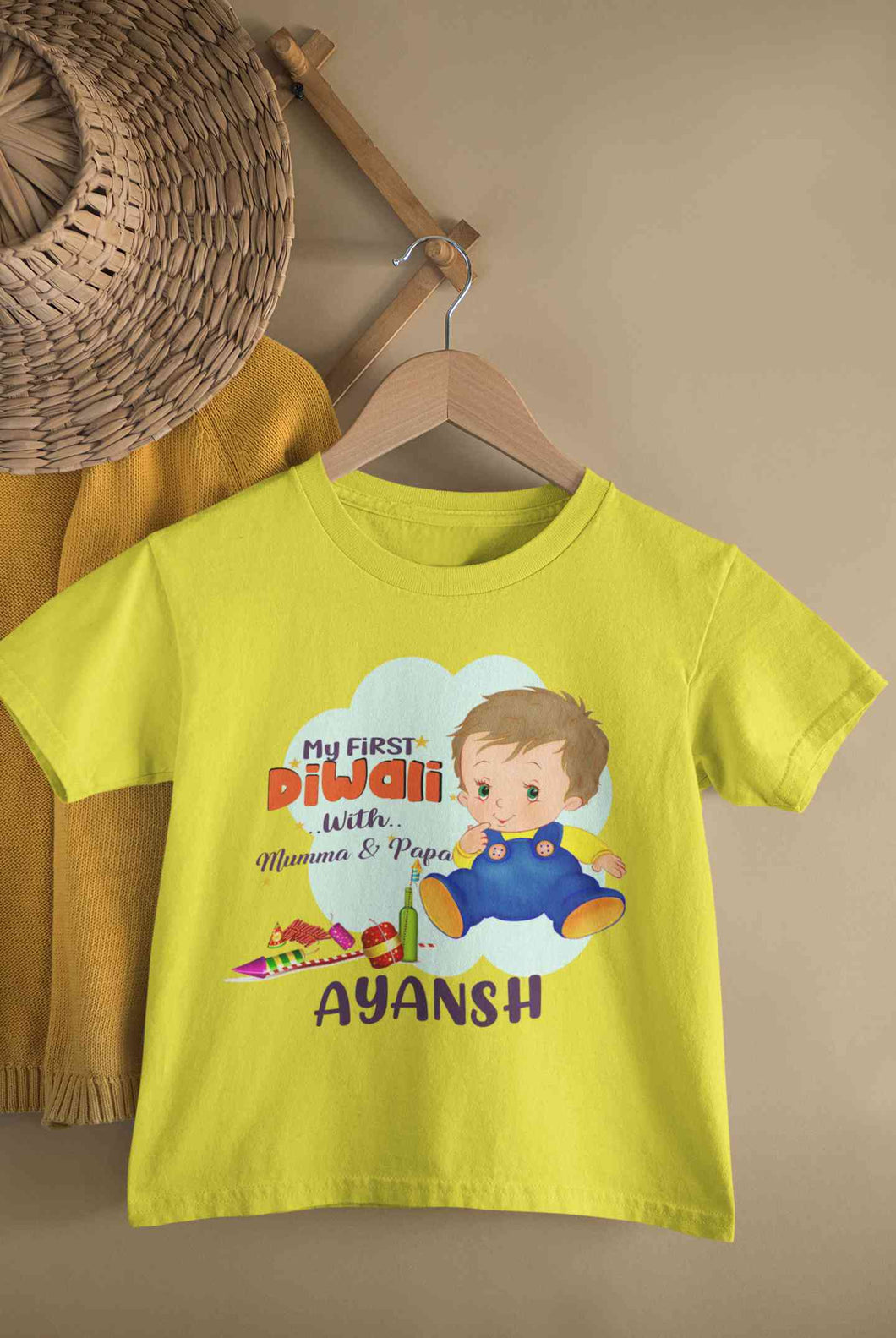 Custom Name My First Diwali With Mumma Papa Half Sleeves T-Shirt for Boy-KidsFashionVilla