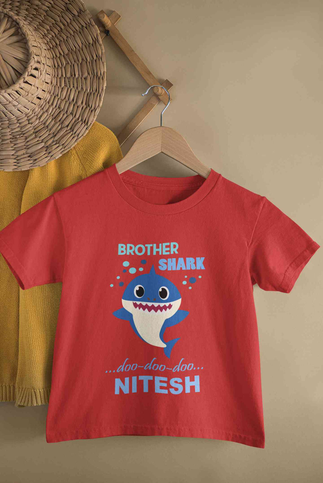 Custom Name Brother Shark Doo Doo Doo Rakhi Half Sleeves T-Shirt for Boy-KidsFashionVilla