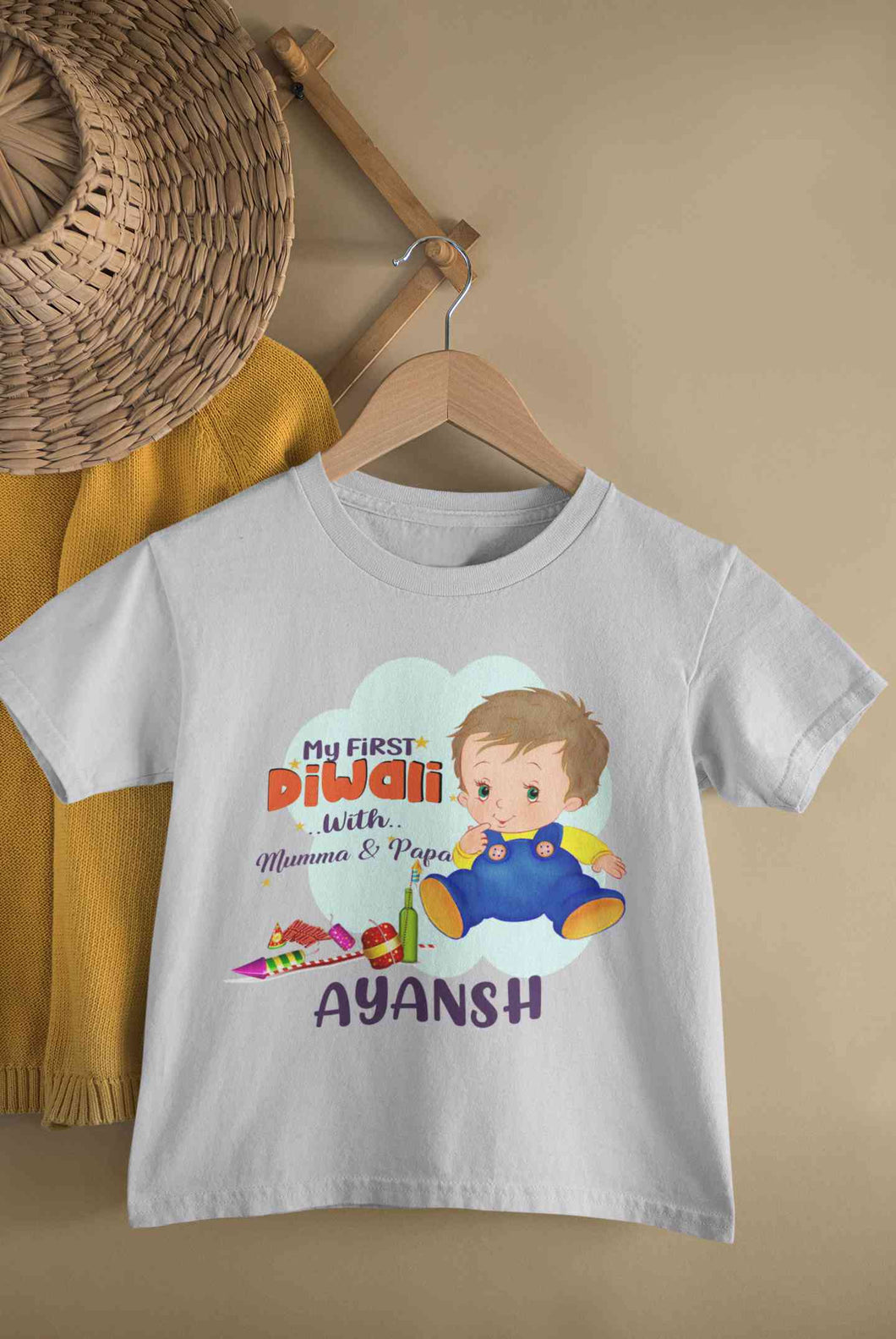 Custom Name My First Diwali With Mumma Papa Half Sleeves T-Shirt for Boy-KidsFashionVilla