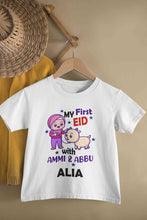 Load image into Gallery viewer, Custom Name My First Eid With Ammi And Abbu Half Sleeves T-Shirt For Girls -KidsFashionVilla

