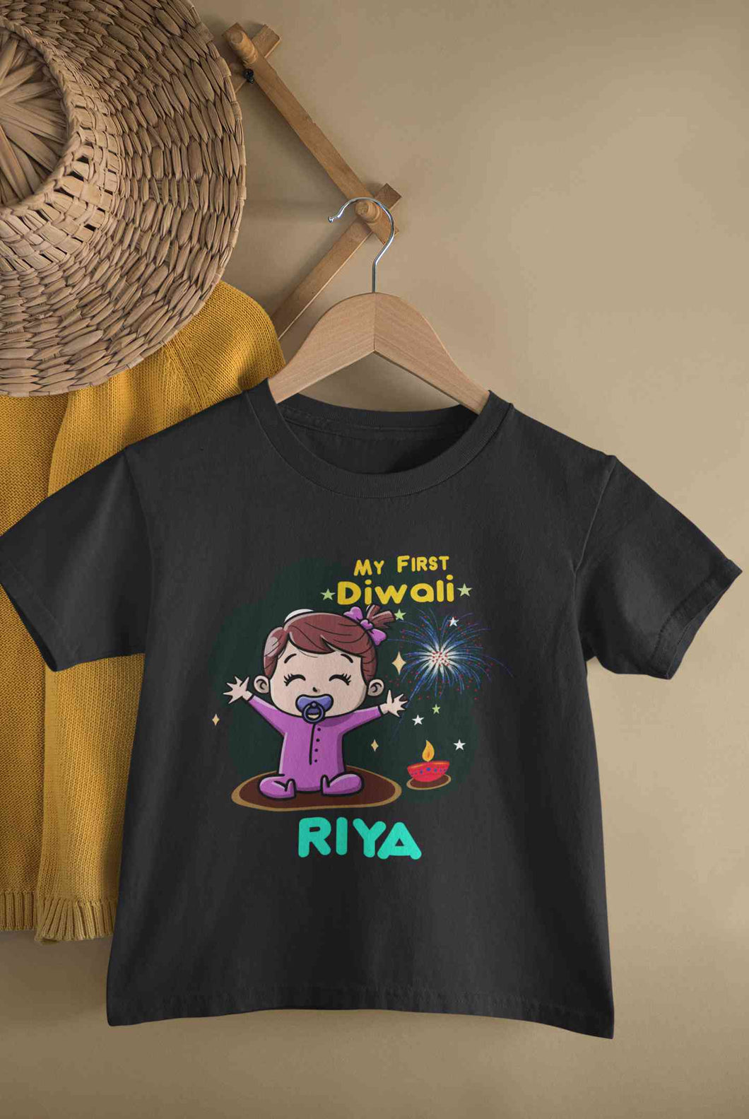 Custom Name My First Diwali Half Sleeves T-Shirt For Girls -KidsFashionVilla