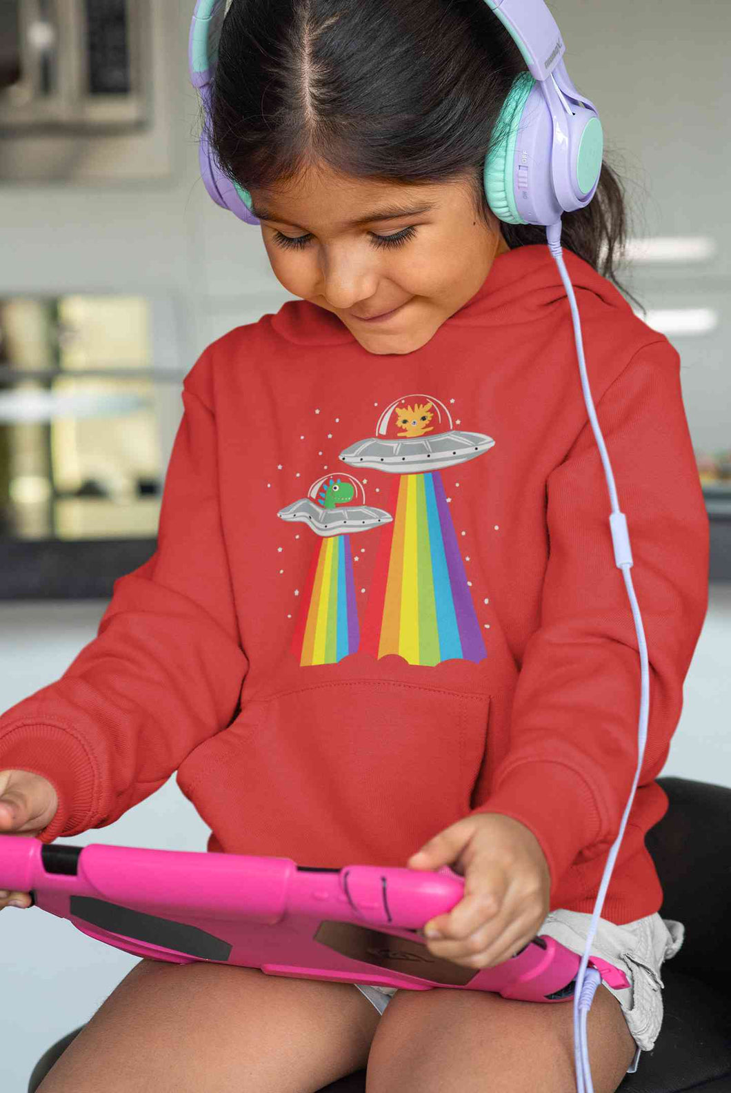 Rainbow Spaceship Cartoon Girl Hoodies-KidsFashionVilla