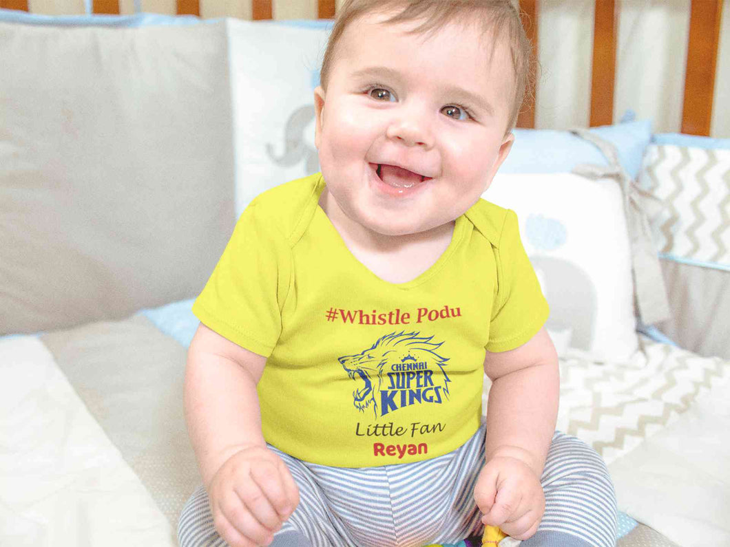 Custom Name IPL CSK Chennai Super Kings Whistle Podu Rompers for Baby Boy- KidsFashionVilla