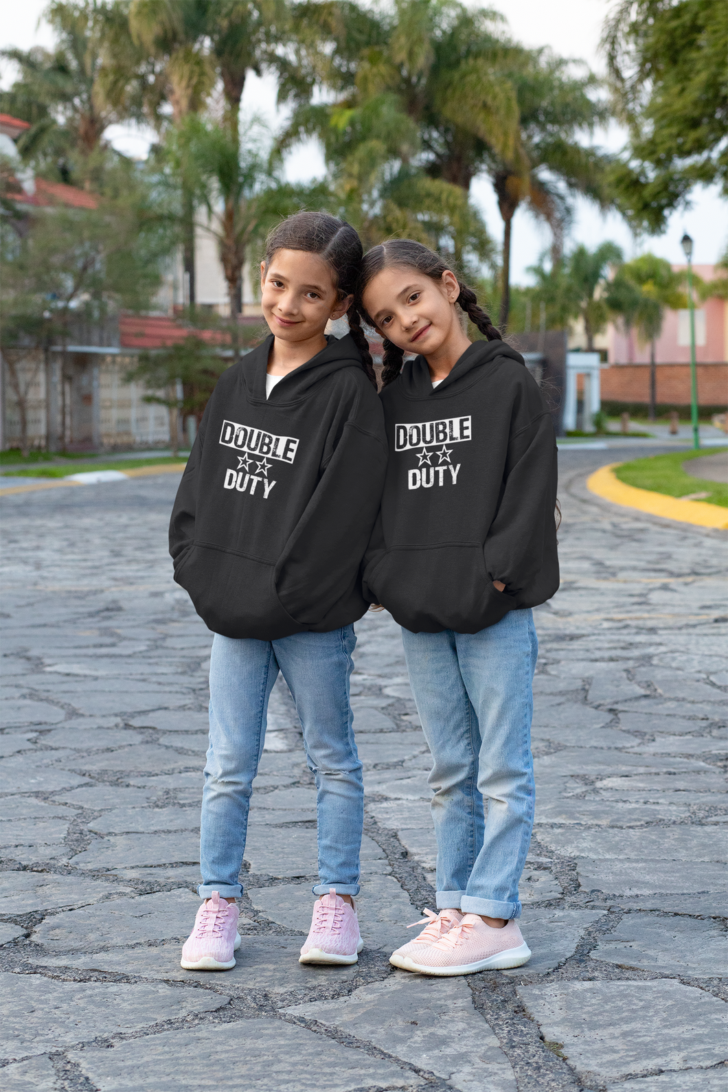 Double Duty Twins Sisters Kids Matching Hoodies -KidsFashionVilla