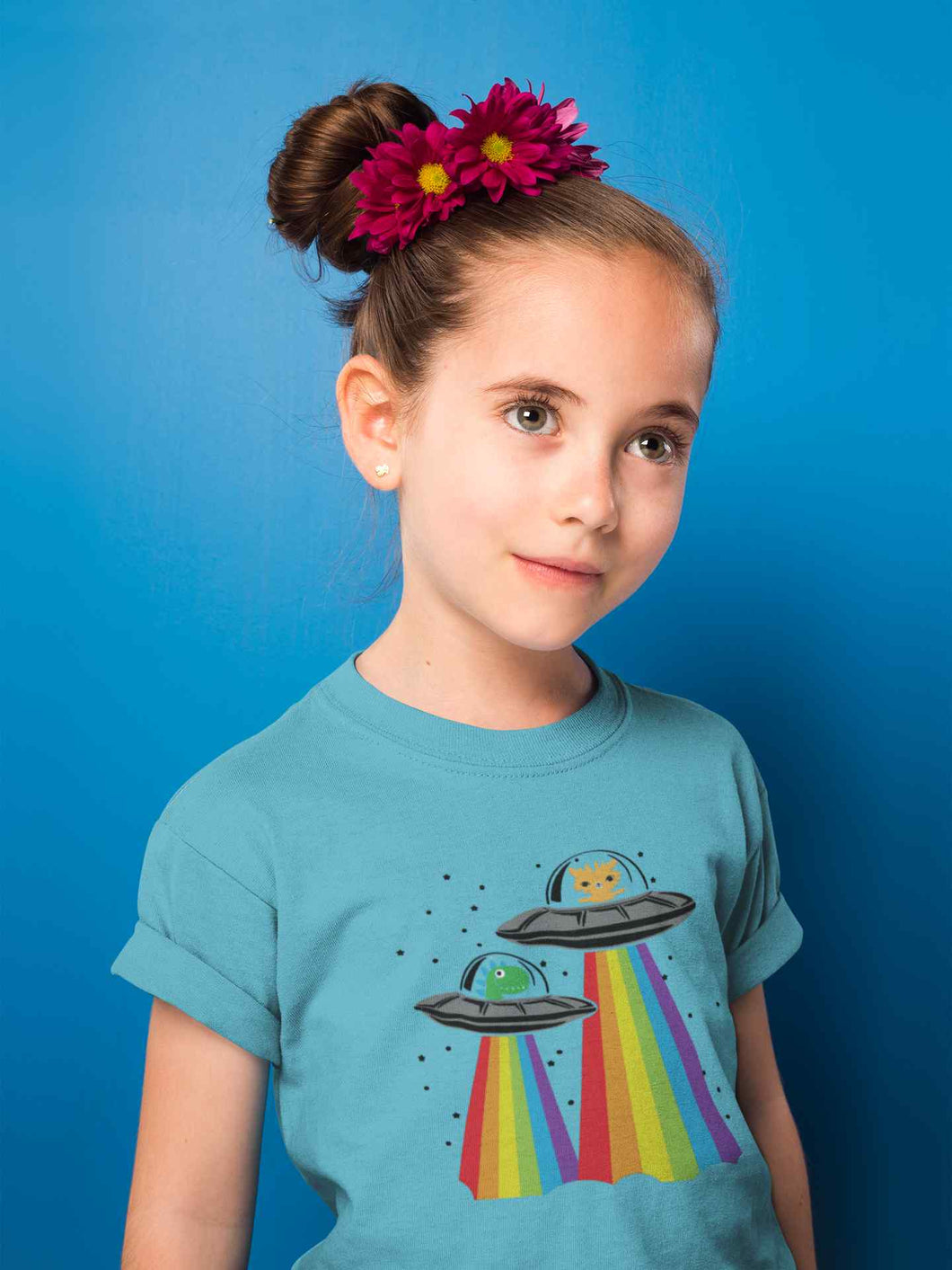 Rainbow Spaceship Cartoon Half Sleeves T-Shirt For Girls -KidsFashionVilla