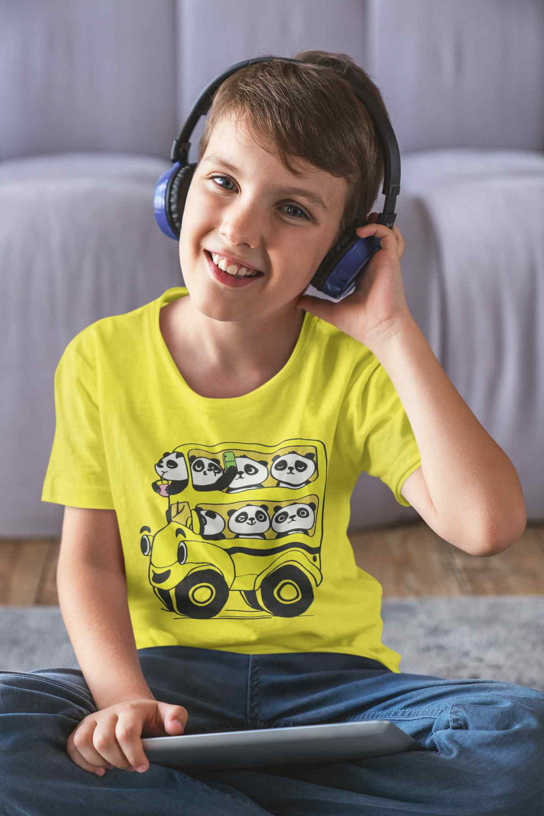 Panda Yellow Bus Cartoon Half Sleeves T-Shirt for Boy-KidsFashionVilla