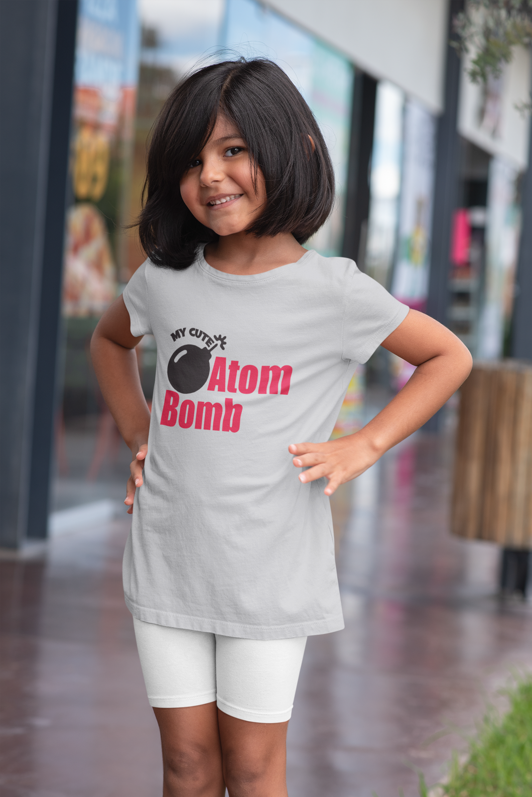 My Cute Atom Bomb Half Sleeves T-Shirt For Girls -KidsFashionVilla