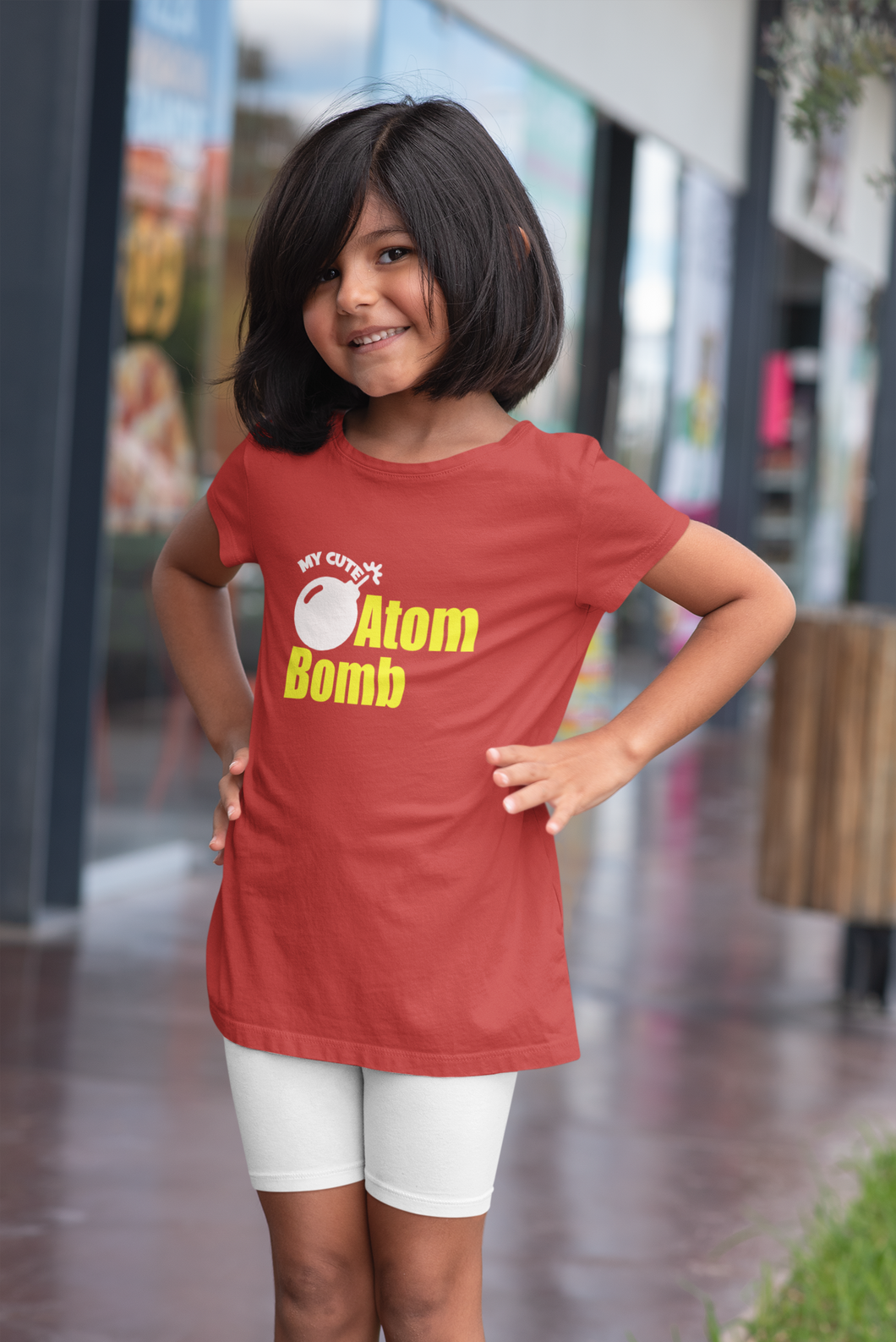 My Cute Atom Bomb Half Sleeves T-Shirt For Girls -KidsFashionVilla