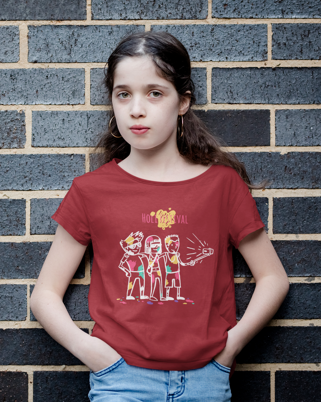 Friends Selfie Holi Half Sleeves T-Shirt For Girls -KidsFashionVilla